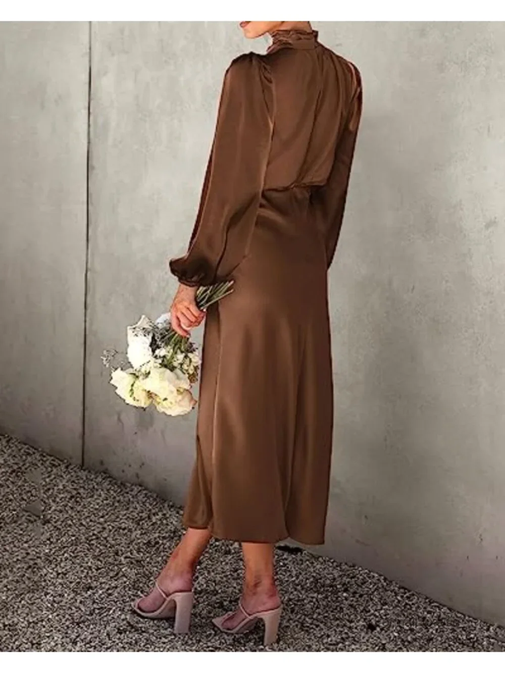 Satin Maxi Dress Mock Neck Long Sleeve Formal Cocktail Wedding Guest